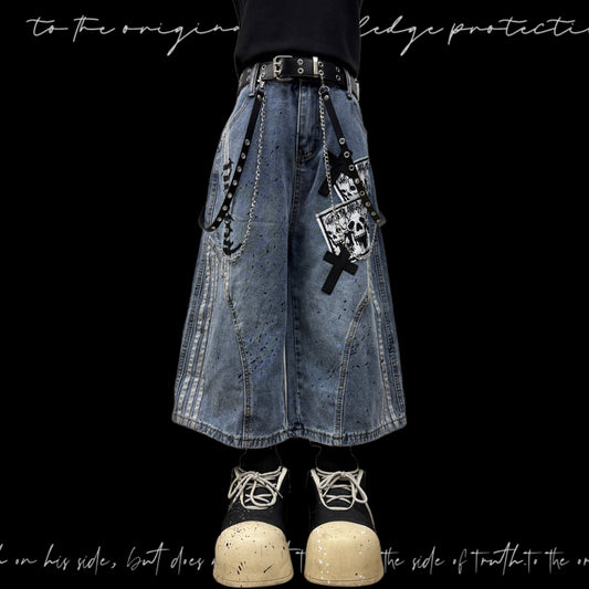 Cropped Paint Stripe Patch Wide Leg Denim Jeans & Skull Belt & Cross Belt & Belt Chain WN23833