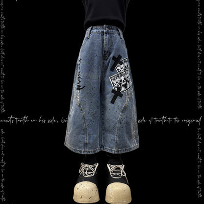 Cropped Paint Stripe Patch Wide Leg Denim Jeans & Skull Belt & Cross Belt & Belt Chain WN23833