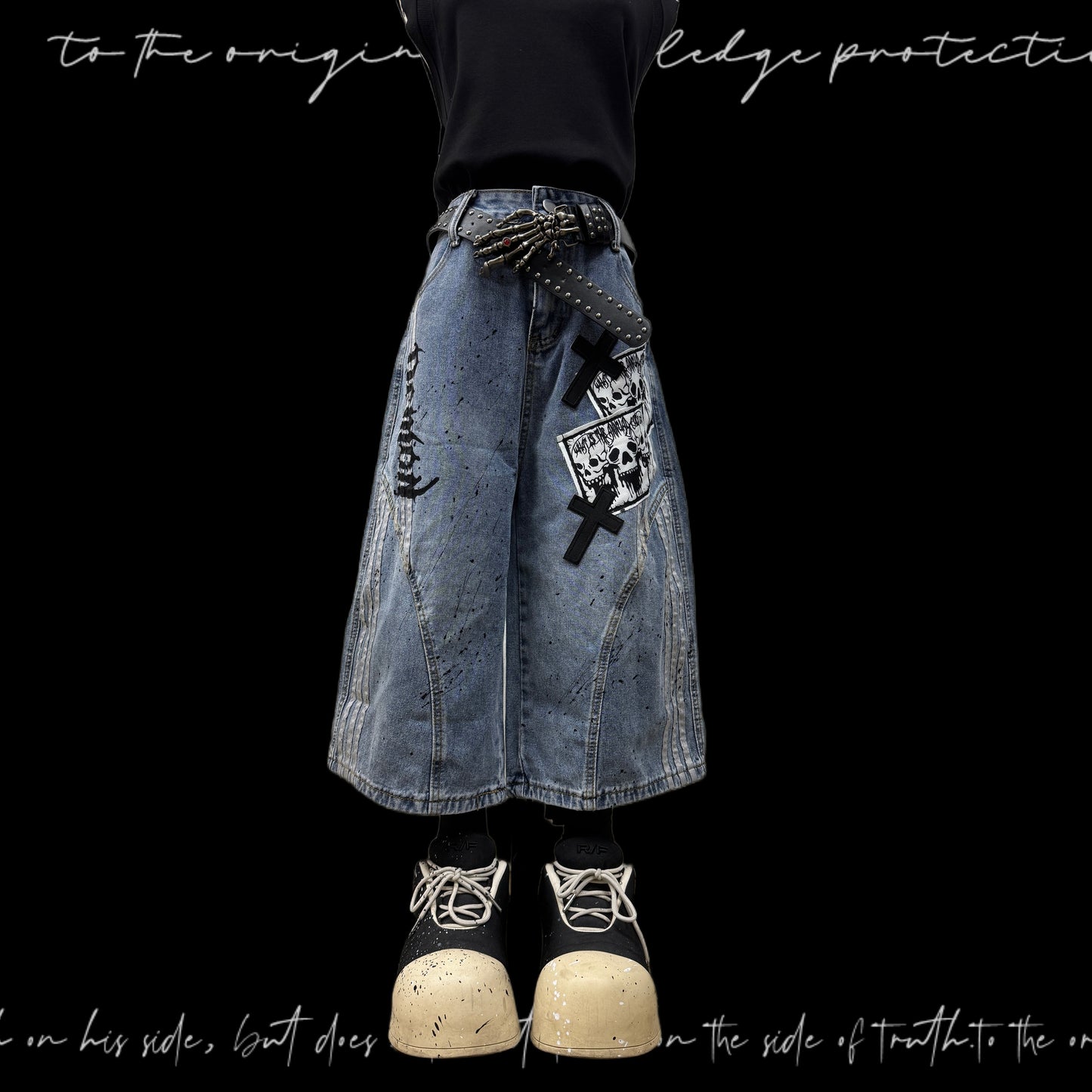 Cropped Paint Stripe Patch Wide Leg Denim Jeans & Skull Belt & Cross Belt & Belt Chain WN23833