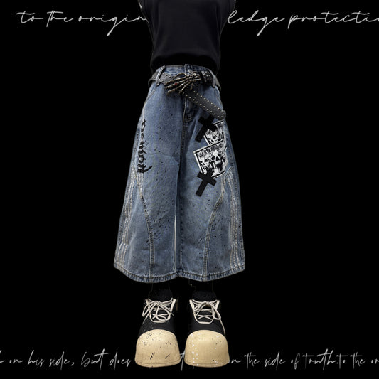 Cropped Paint Stripe Patch Wide Leg Denim Jeans & Skull Belt & Cross Belt & Belt Chain WN23833