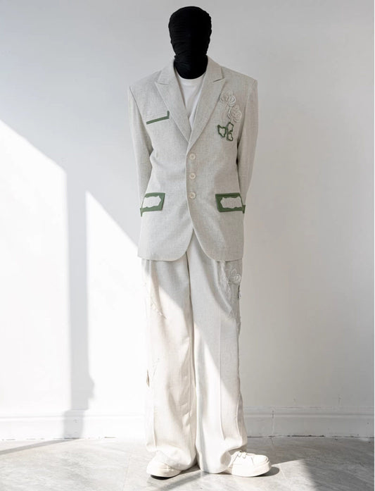 Linen Blend 3D Flower Tailored Jacket & Trousers Setup WN23838