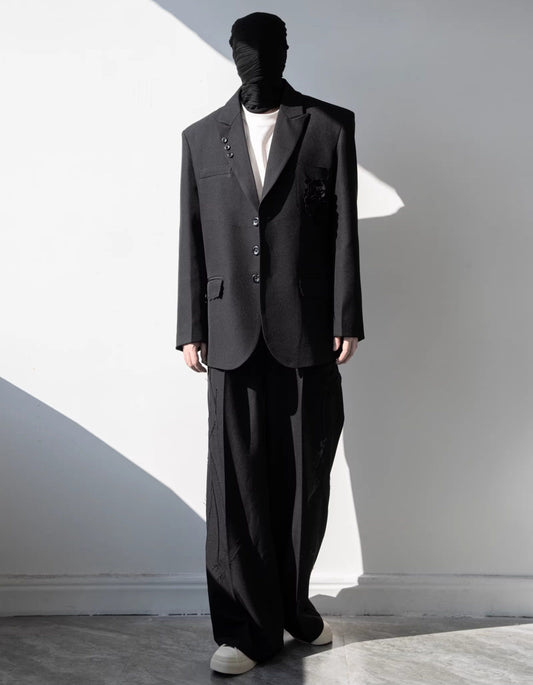 Flower Design Asymmetric Pocket Tailored Jacket & Trousers Setup WN23840