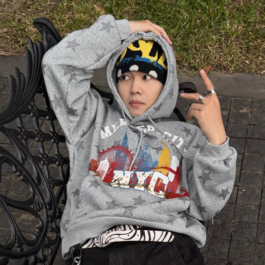 Star Print Fleece Oversize Pullover Hoodie WN24359