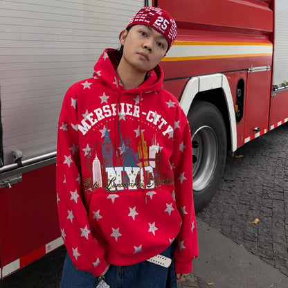 Star Print Fleece Oversize Pullover Hoodie WN24359