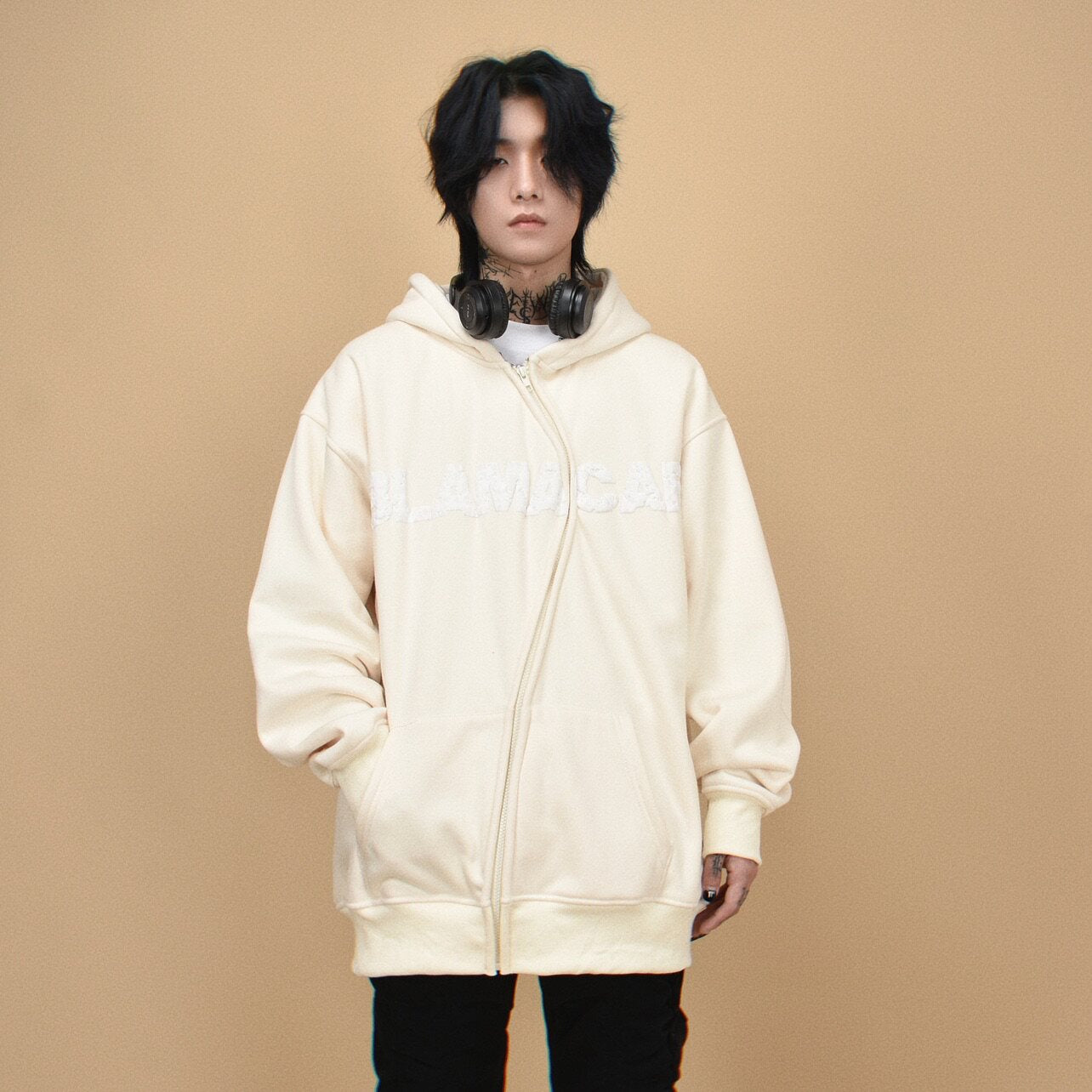 Asymmetrical Zipper Graphic Print Fleece-Lined Oversize Hoodie WN24407