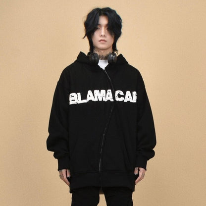 Asymmetrical Zipper Graphic Print Fleece-Lined Oversize Hoodie WN24407