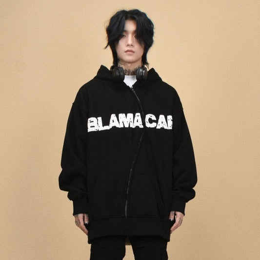 Asymmetrical Zipper Graphic Print Fleece-Lined Oversize Hoodie WN24407