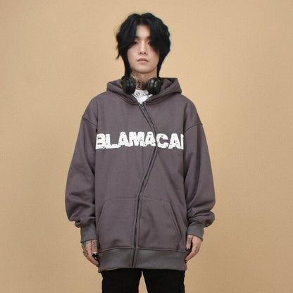 Asymmetrical Zipper Graphic Print Fleece-Lined Oversize Hoodie WN24407