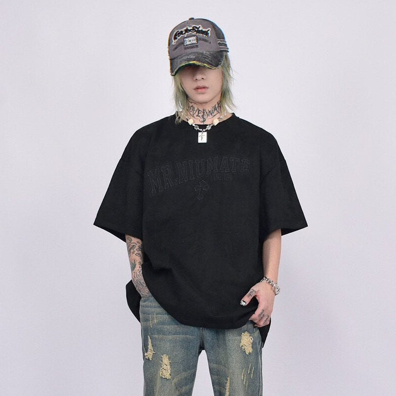 Suede Embroidery Oversize Short Sleeve T-Shirt WN24409