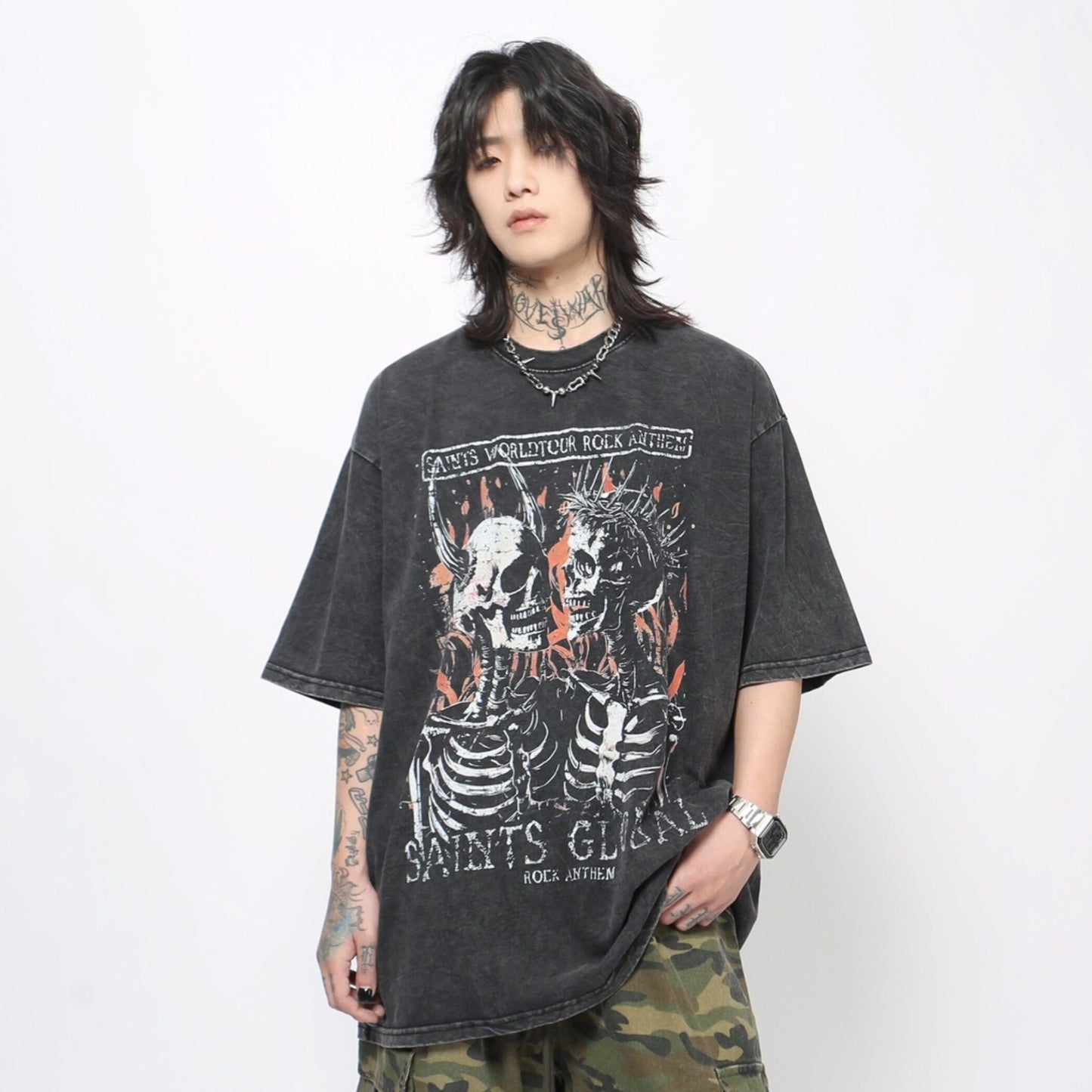 Skull Print Washed Oversize Short Sleeve T-Shirt WN24419