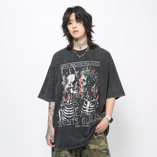 Skull Print Washed Oversize Short Sleeve T-Shirt WN24419