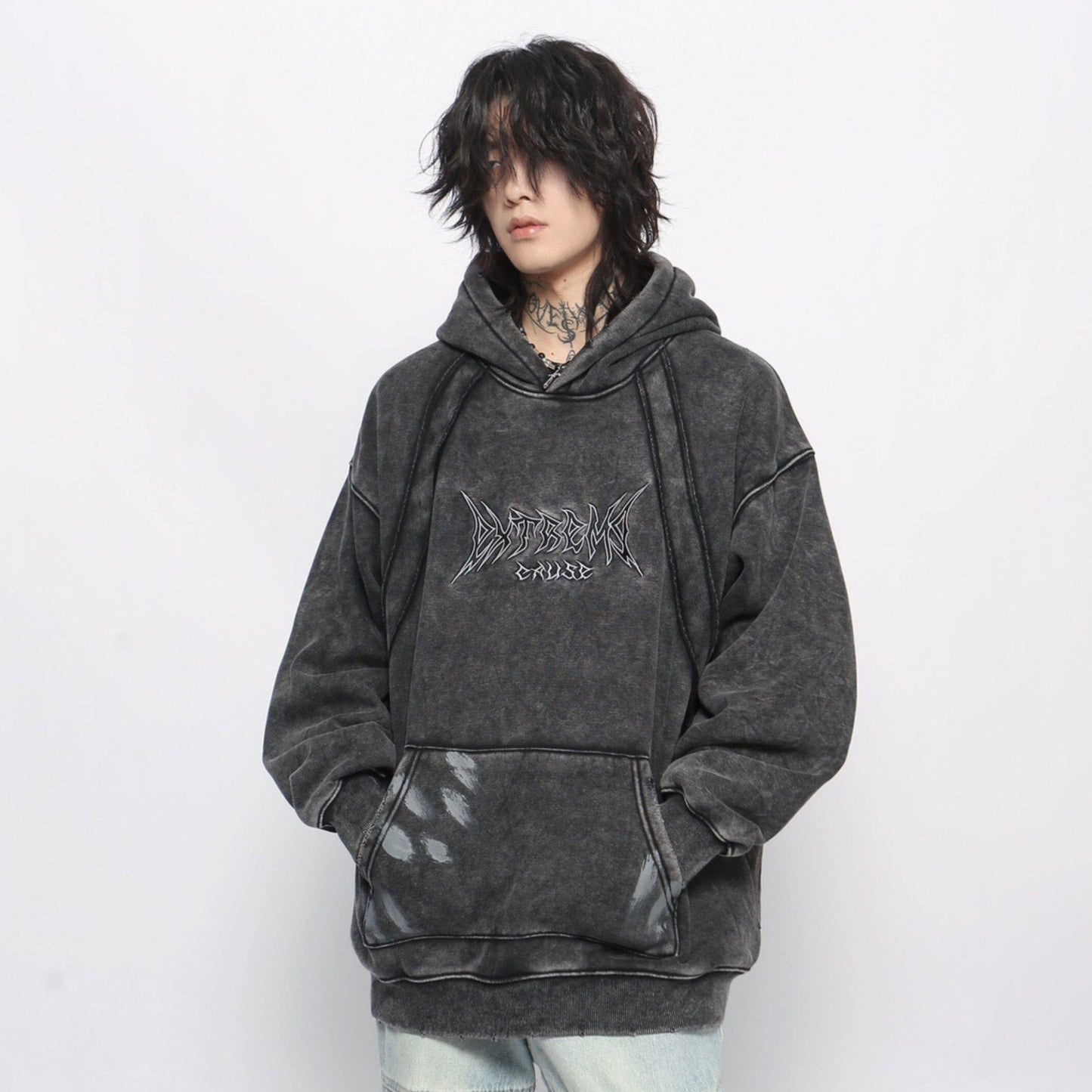 Graphic Print Patchwork Washed Oversize Pullover Hoodie WN24423