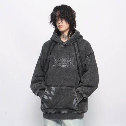 Graphic Print Patchwork Washed Oversize Pullover Hoodie WN24423