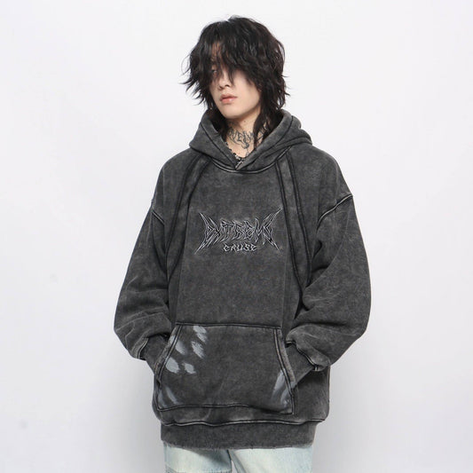 Graphic Print Patchwork Washed Oversize Pullover Hoodie WN24423