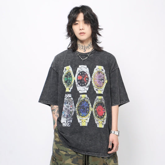 Oversize Vintage Wash Watch Graphic Short Sleeve T-Shirt WN24436