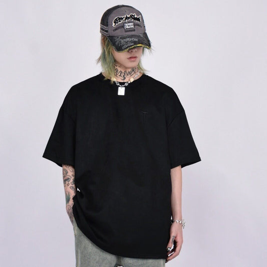 Suede Cross Embroidery Short Sleeve T-Shirt WN24457