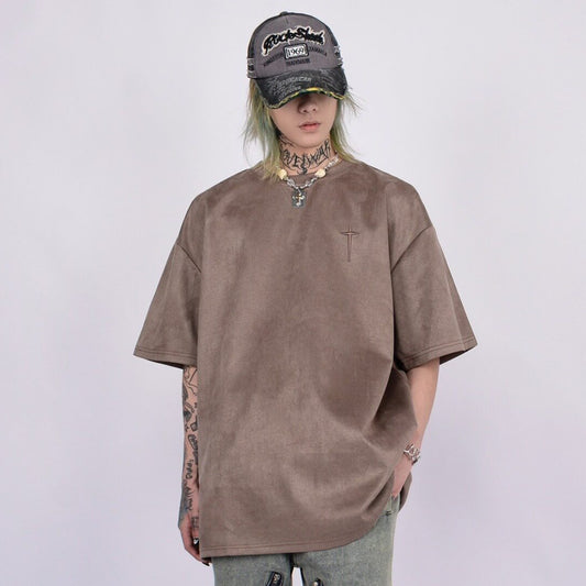Suede Cross Embroidery Short Sleeve T-Shirt WN24457