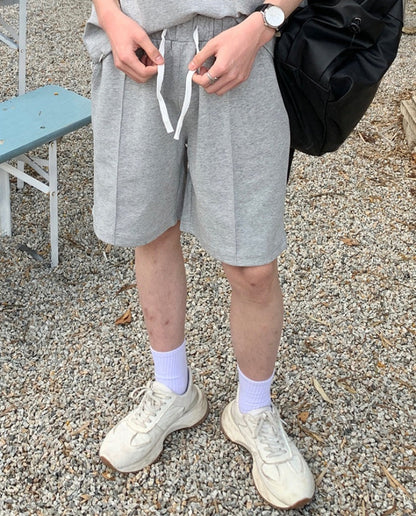 Half Zip Open Collar Short Sleeve T-Shirt & Half Pants Setup WN24906