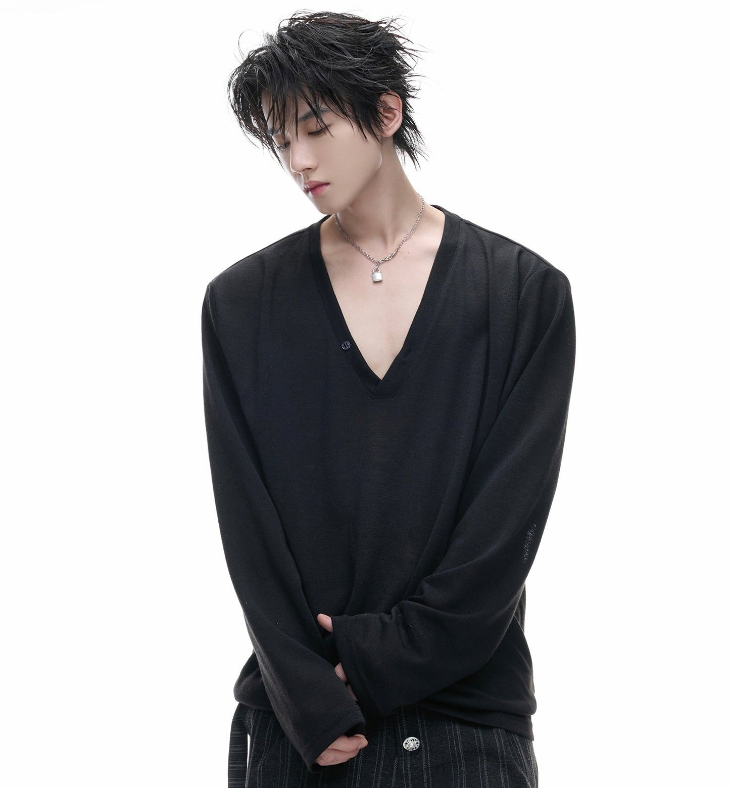 Deep V-Neck Breathable Oversize Long Sleeve T-Shirt WN27011