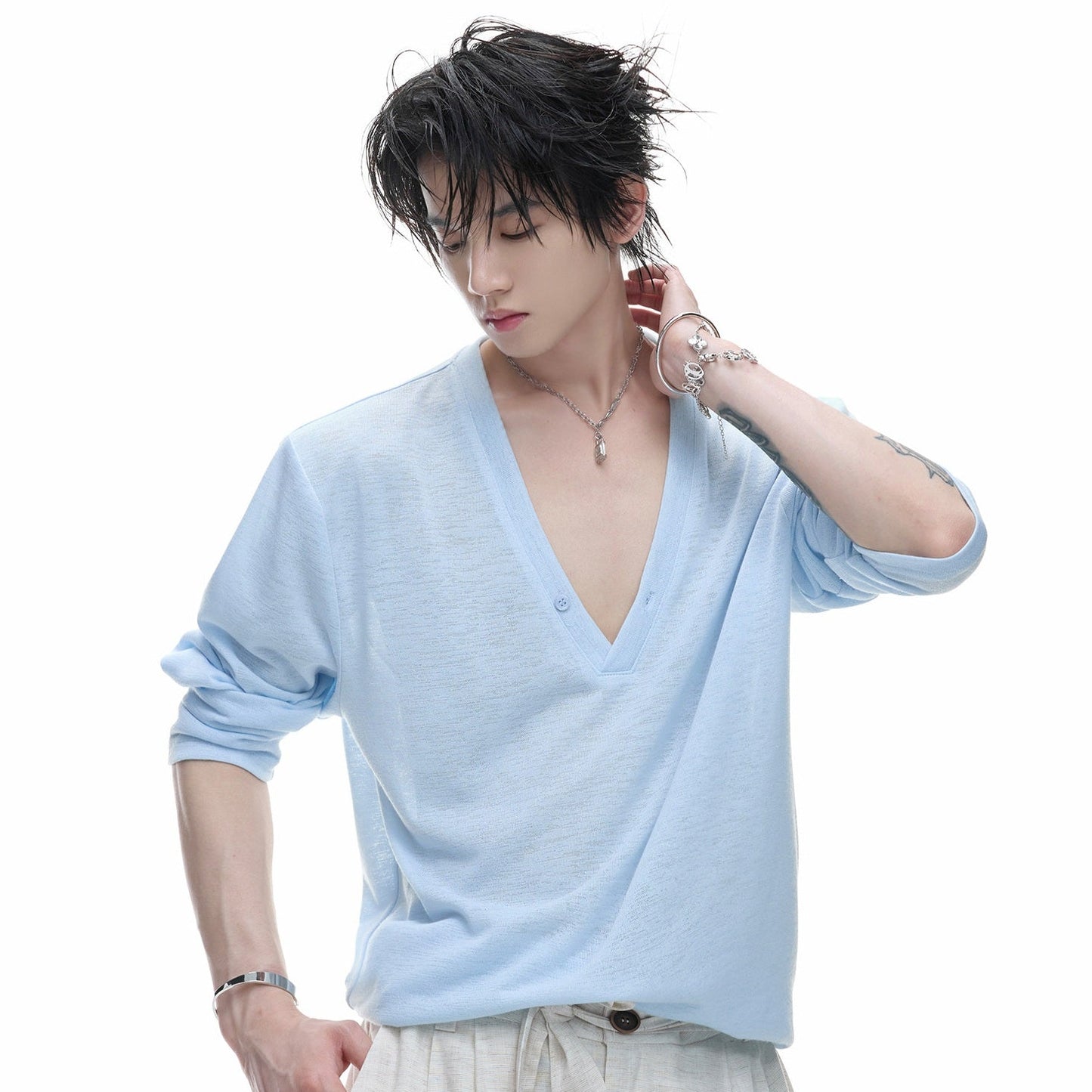 Deep V-Neck Breathable Oversize Long Sleeve T-Shirt WN27011
