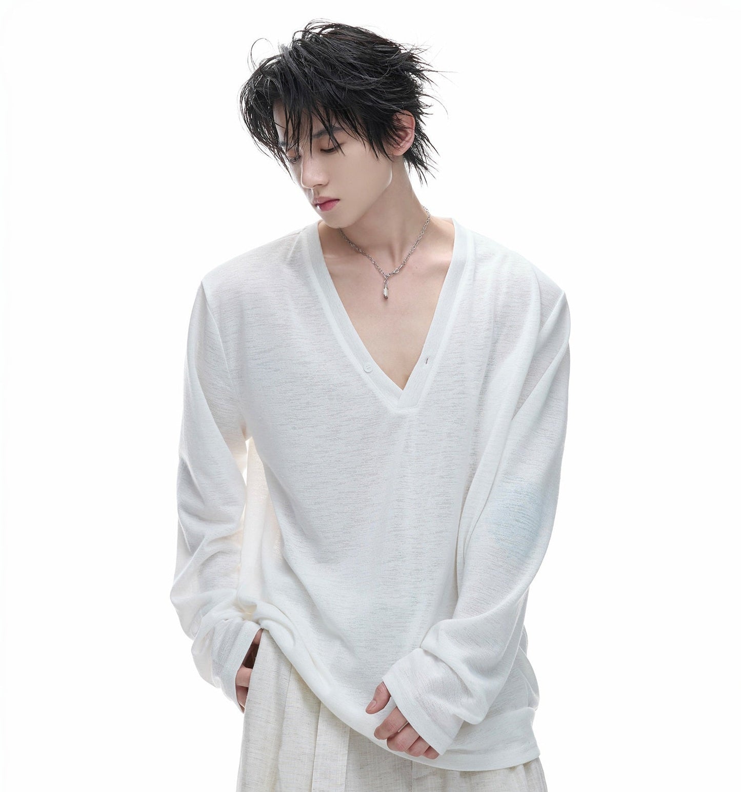 Deep V-Neck Breathable Oversize Long Sleeve T-Shirt WN27011