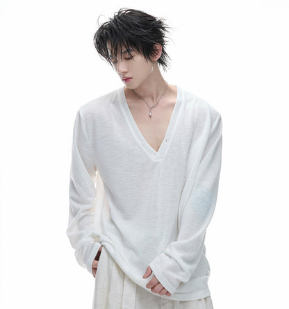 Deep V-Neck Breathable Oversize Long Sleeve T-Shirt WN27011