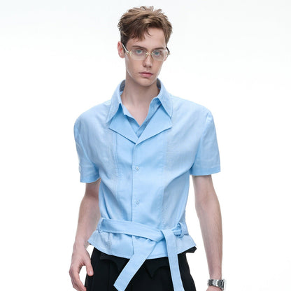 Fake Layered Embroidery Linen Waist-Tie Short Sleeve Shirt WN27030