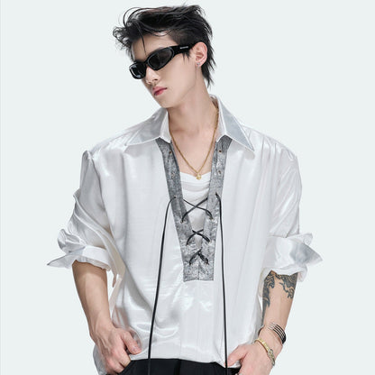 V-Neck Lace-Up Satin Cropped Long Sleeve Shirt WN27038