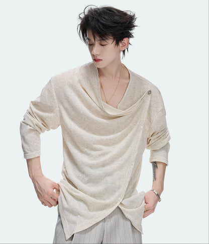 Asymmetric Draped Button Long Sleeve T-Shirt WN27045