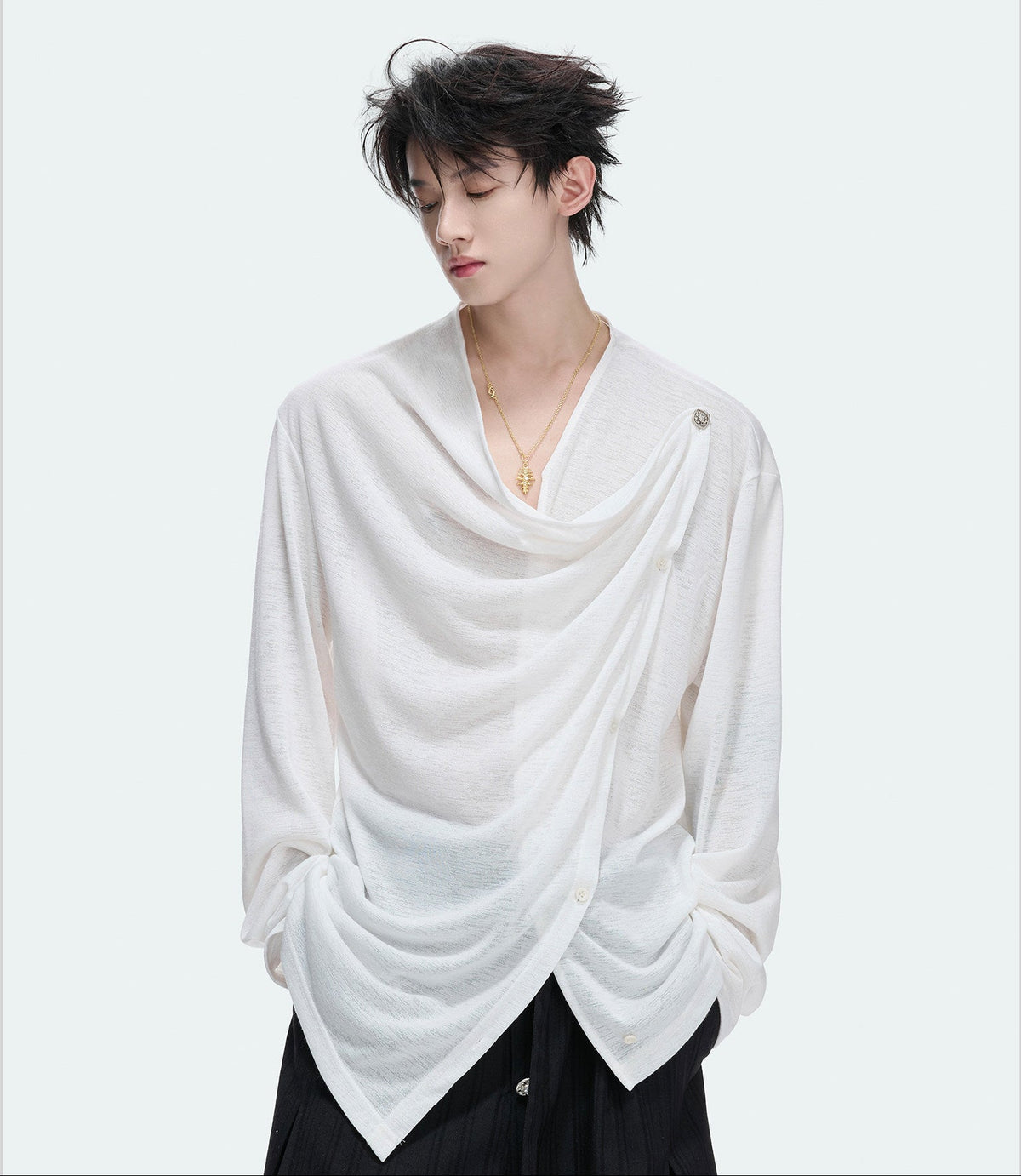 Asymmetric Draped Button Long Sleeve T-Shirt WN27045