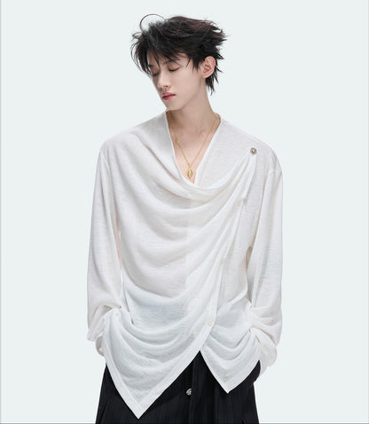 Asymmetric Draped Button Long Sleeve T-Shirt WN27045