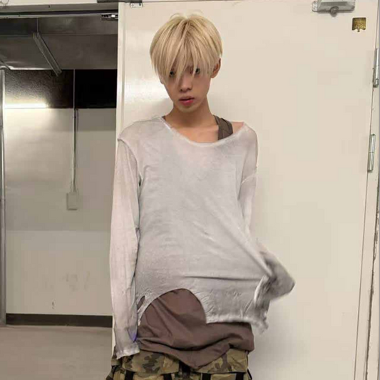 Wrinkle Wash Graphic Cutout Long Sleeve T-Shirt WN27048