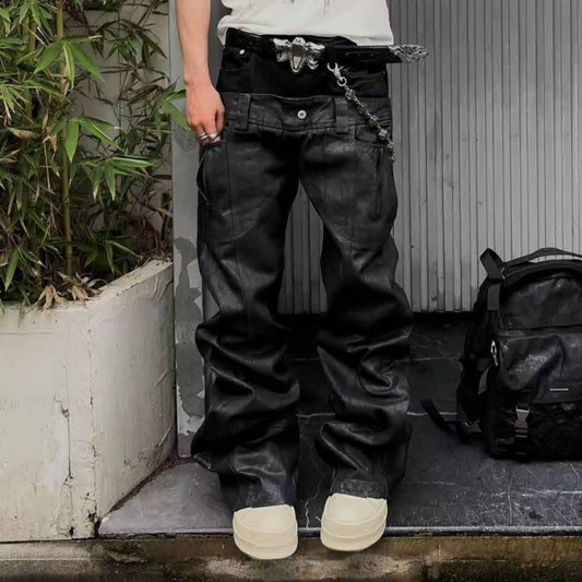 Double-Waist Hand-Paint Crack Wax Denim Jeans WN27051