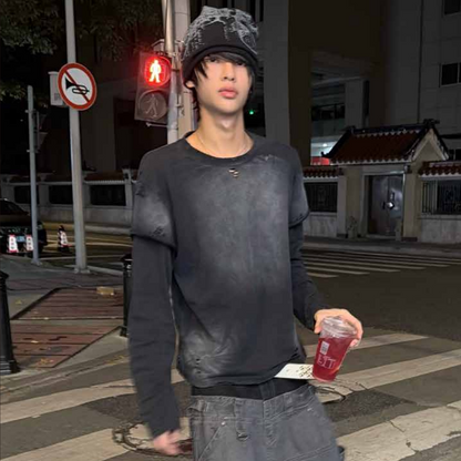 Fake Layered Salt-Wash Wrinkle Cutout Long Sleeve T-Shirt WN27054