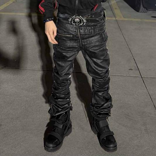 Triple-Waist Panel Hand-Paint PU Straight Denim Jeans WN27055