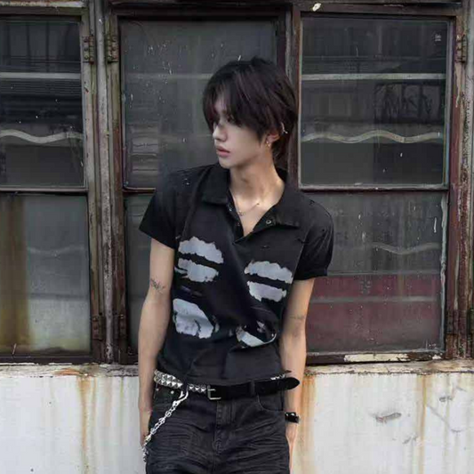 X-Ray Teeth Print Washed Damage Short Sleeve Shirt WN27056