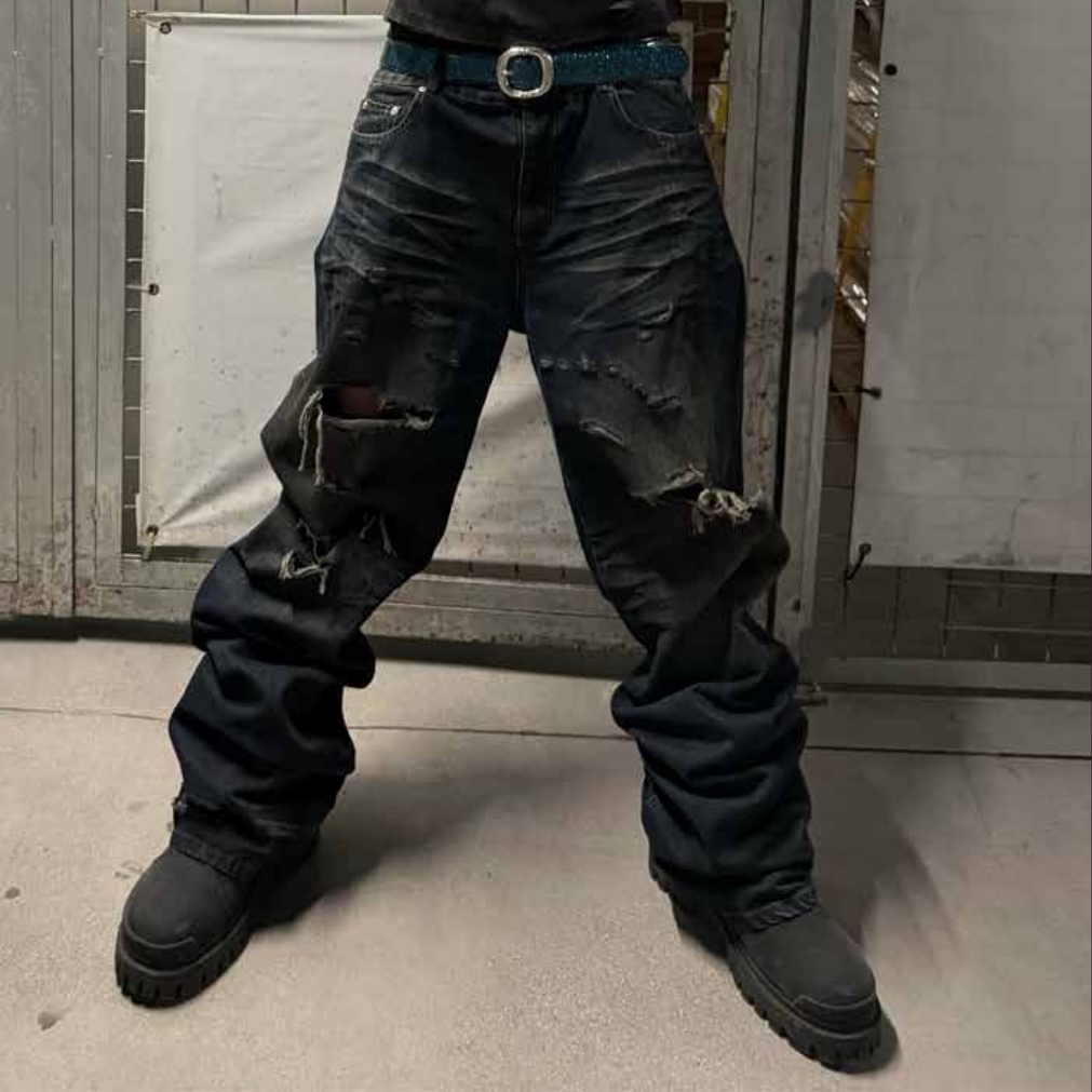 Whisker Wrinkle Damage Straight Denim Jeans WN27068