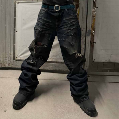 Whisker Wrinkle Damage Straight Denim Jeans WN27068