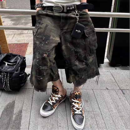 Camouflage Patchwork Damage Half Pants WN27069