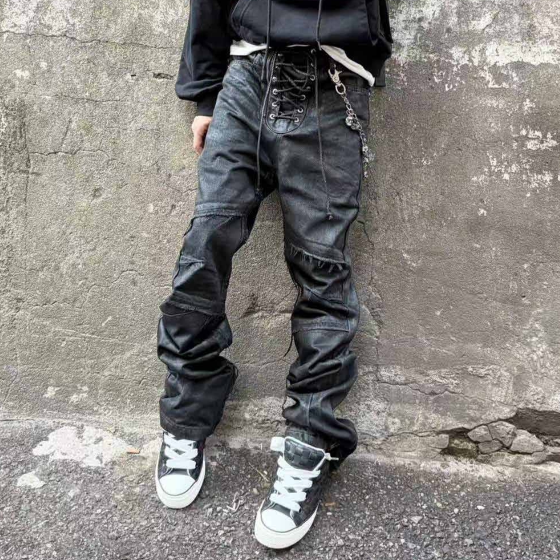 Lace-Up U-Shaped Seam Zipper Fly Straight Denim Jeans WN27070