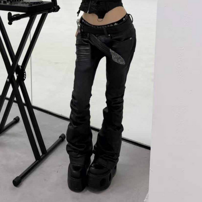 Foil Finish Whisker Pleats Low-Rise Denim Jeans WN27078
