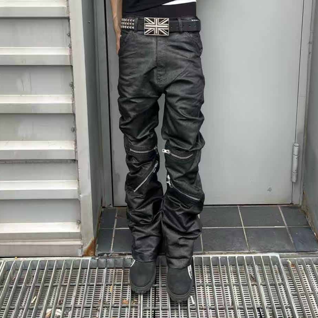 Zipper Pocket Hand-Paint Coating Flare Denim Jeans WN27080