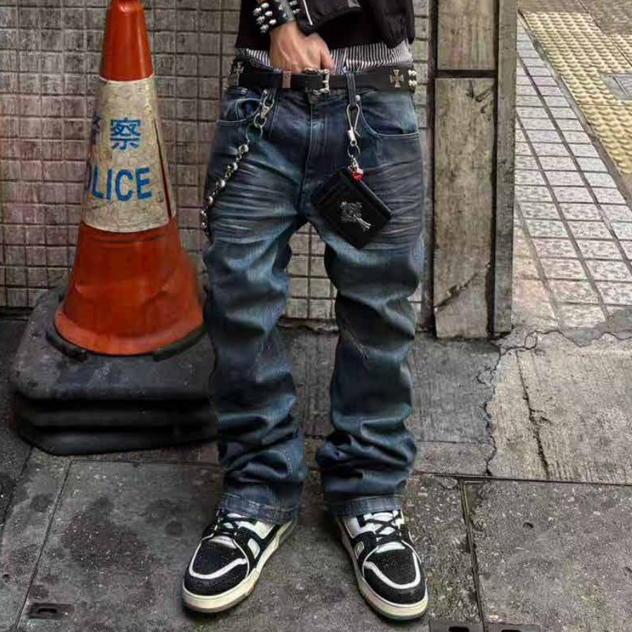 3D Whisker Washed Coating Straight Denim Jeans WN27083