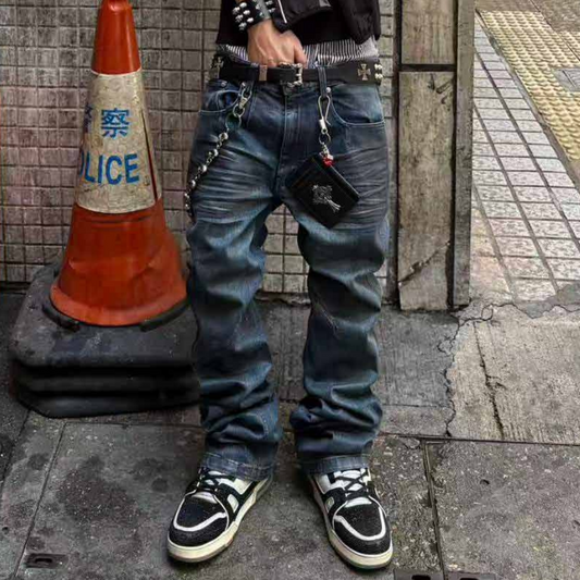3D Whisker Washed Coating Straight Denim Jeans WN27083