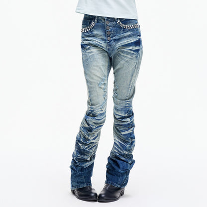Stud Button Whisker Damage Denim Jeans WN27351