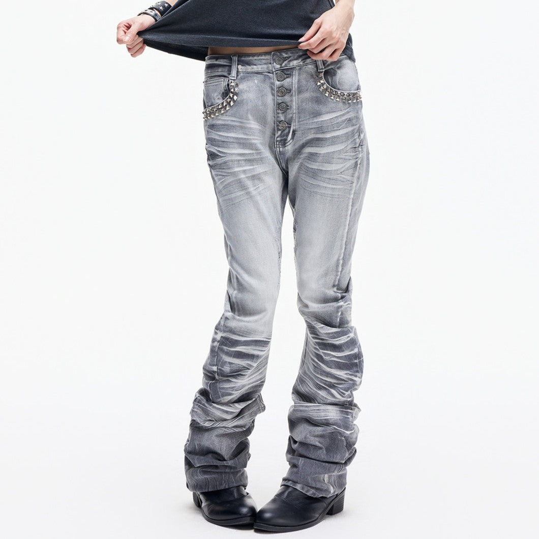 Stud Button Whisker Damage Denim Jeans WN27351