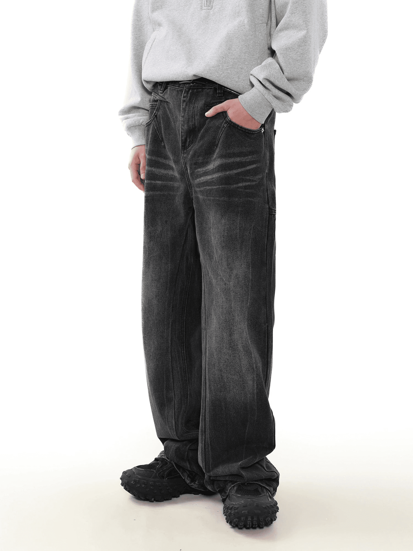 Washed Loose Design Straight Denim Jeans WN3903