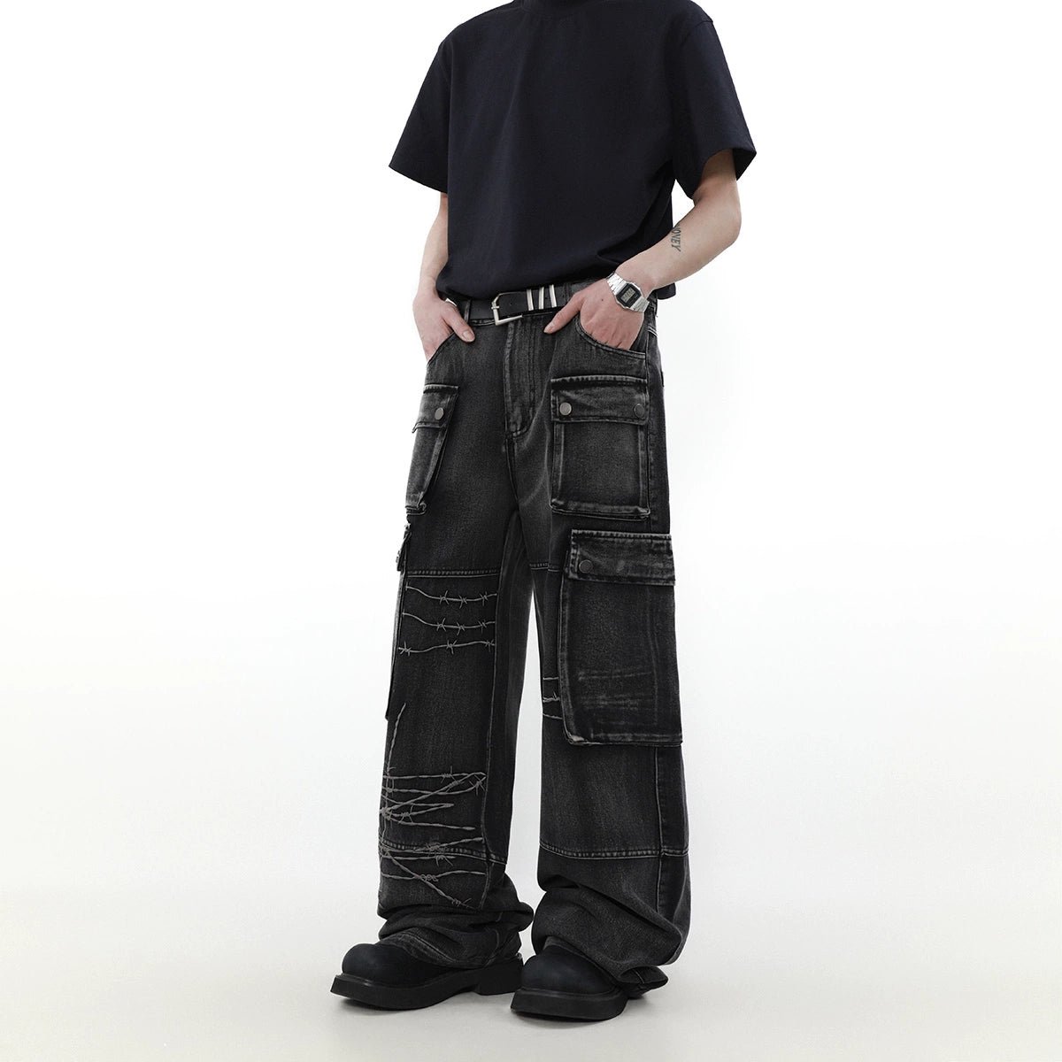 Washed Multi Pocket Straight leg Denim Jeans WN4109