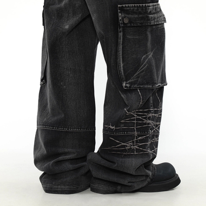 Washed Multi Pocket Straight leg Denim Jeans WN4109