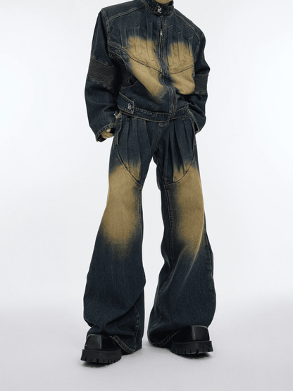 Washed Standing-collar Denim Jacket & Wide-leg Denim Jeans Setup WN3996